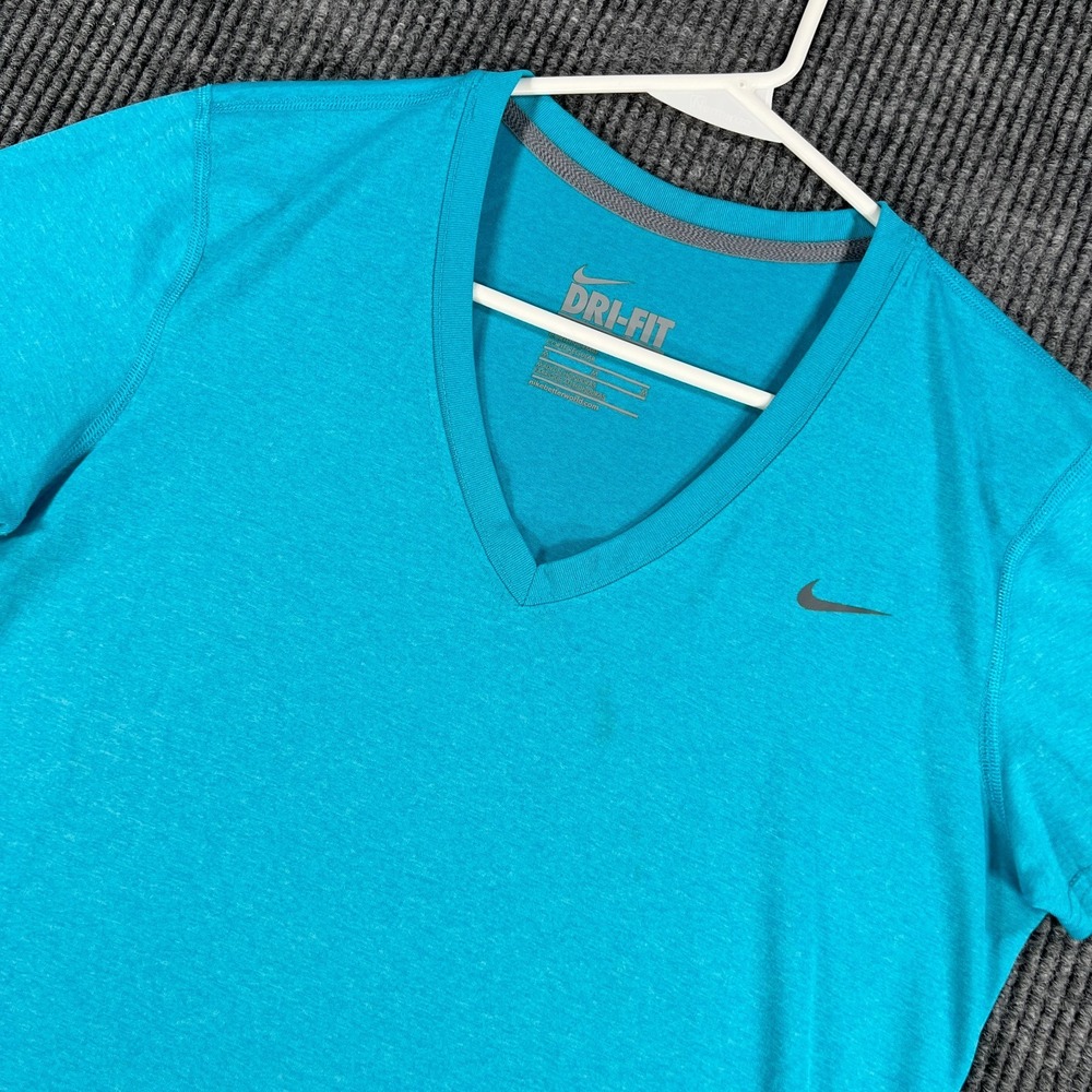 Nike Shirt Womens Medium Blue Short Sleeve V Neck Dri Fit Workout Gym Run Lift